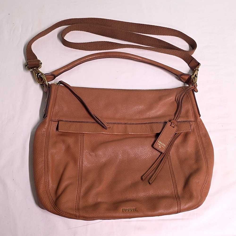 Fossil Maya Hobo Bag Women Large Tan Brown Pebbled Leather Crossbody ZB7230